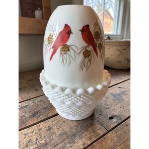 Fenton Fairy Lamp Cardinals Hand Painted Signed P Bennett Milk Glass Hobnail 2pc